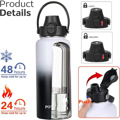 Water Bottle Insulated 32oz 40oz 64oz 128oz Straw Lid Spout Lid & 3 Lids - Image 2