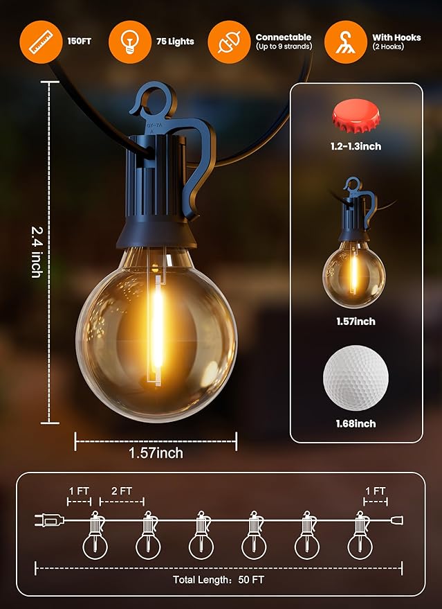 Outdoor String Patio Lights, 150FT 75 LED Patio Lights Waterproof, Connectable - Image 7