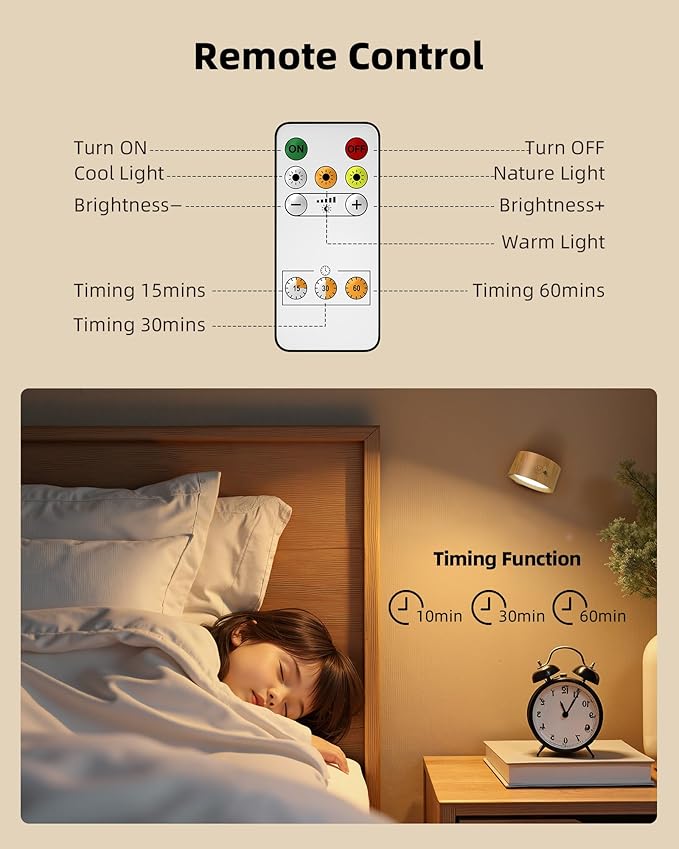 LED Wall Mounted Lights, Rechargeable Wall Sconce Lamps, 3 Color Temps & Remote - Image 2