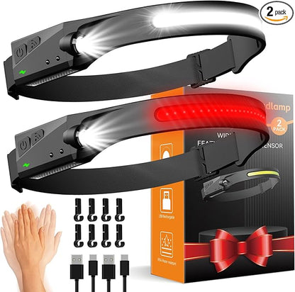 Headlamps Rechargeable with Red Light 2 Pack, Wide Beam Running LED Head Lamp by CANKROO
