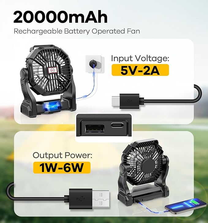 DOWILLDO 20000mAh Portable Battery Powered Camping Fan - - Image 2