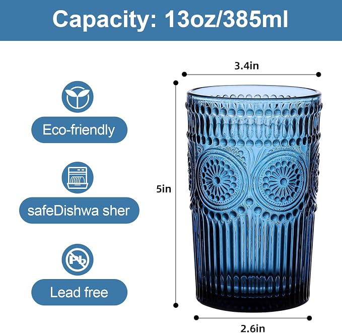 ZMOWIPDL Vintage Glassware Drinking Glasses Set of 6, 13 oz Blue Textured - Image 2