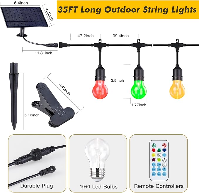 35FT Solar String Lights Outdoor, 11 Shatterproof LED Edison Bulbs, Dimmable - Image 2