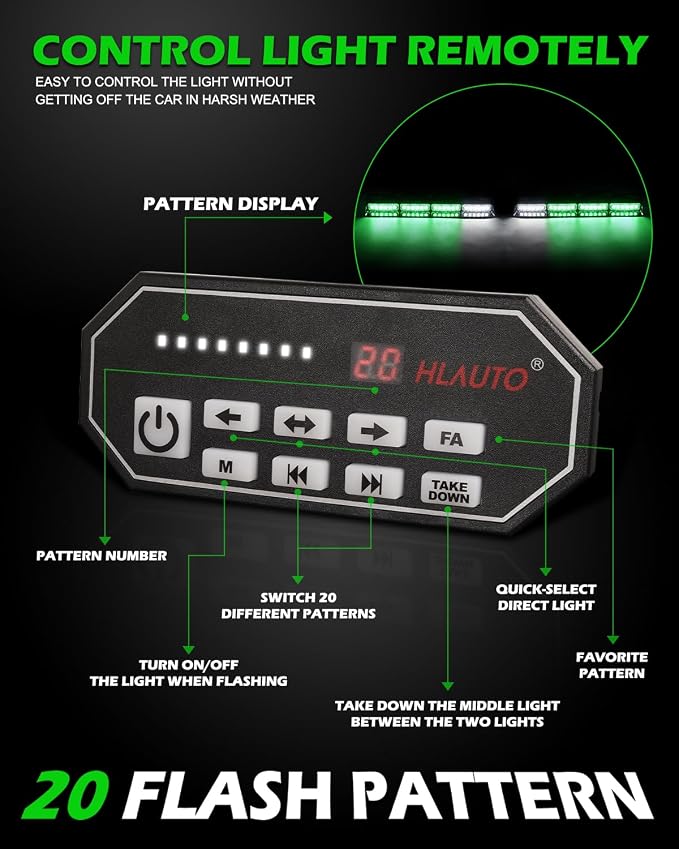 HLauto 604N Emergency Dash Strobe Lights: 2x16.8 inch Green Security Light - Image 4