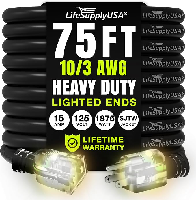 75ft Outdoor/Indoor Extension Cord 10/3 Gauge Ultra Heavy Duty 3 Prong SJTW by LifeSupplyUSA