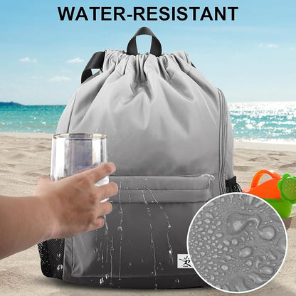 Drawstring Backpack with Mesh Pockets String Gym Bag Sackpack Sandproof Water - Image 3