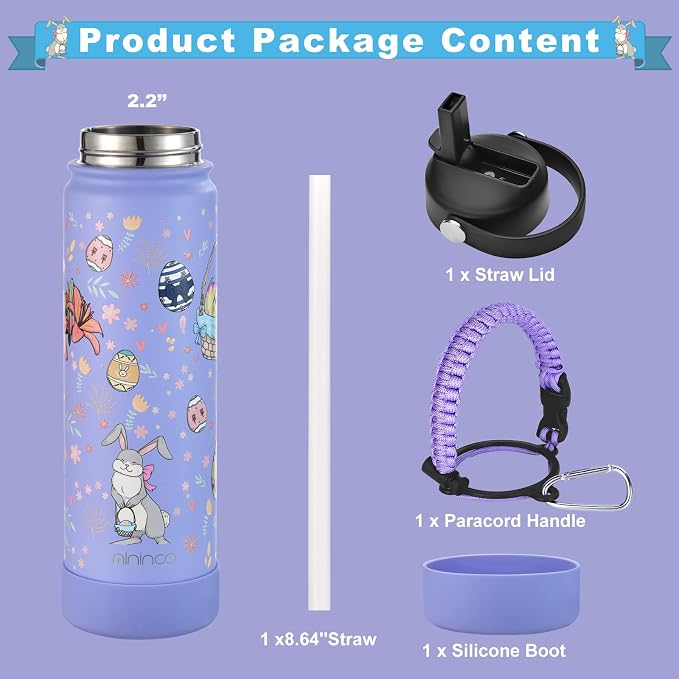 mininoo Water Bottle with Straw Lid, 24 oz Insulated Stainless Steel Double - Image 4