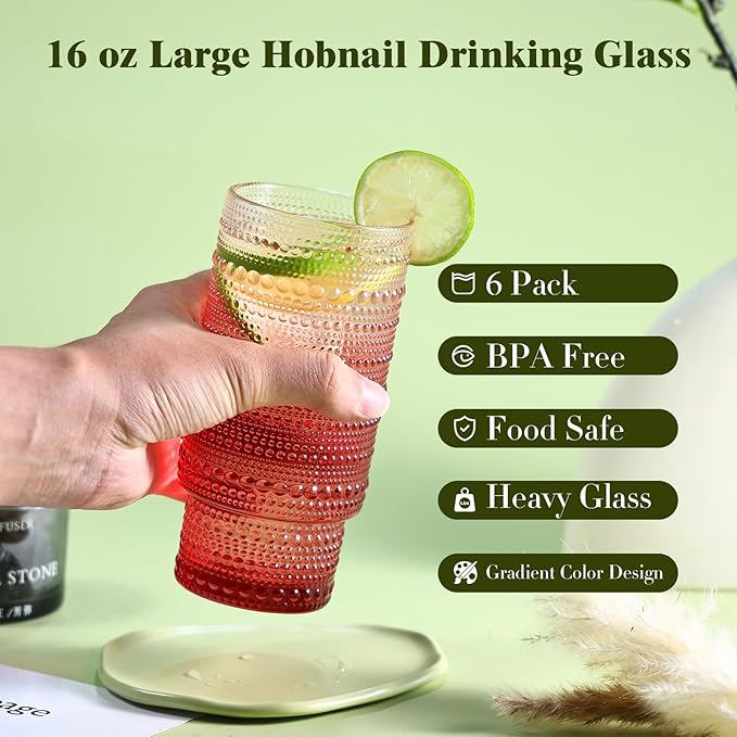 Large Capacity 16 oz Hobnail Drinking Glasses Set of 6, Vintage Glassware - Image 2