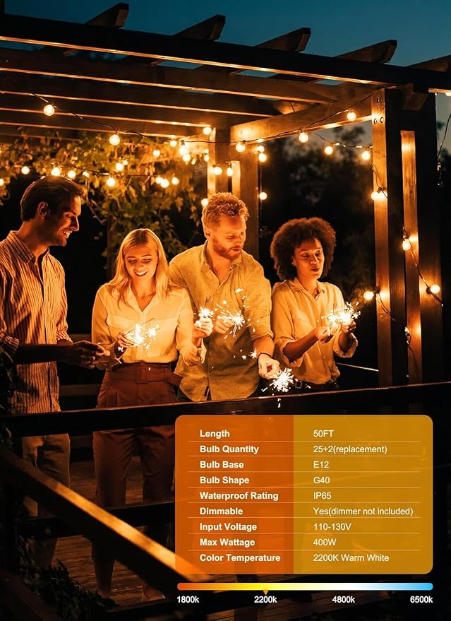 Brightown Outdoor String Lights, 55FT 25 G40 Bulbs Shatterproof IP65 Patio - Image 2