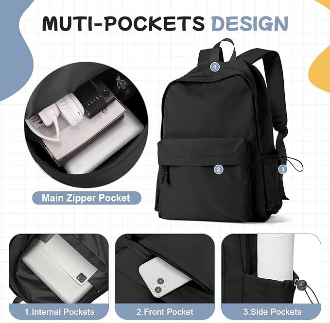 PAUBACK Black School Backpack for Girls Women Waterproof High School Book Bag - Image 4