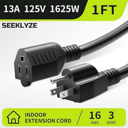 Short Extension Cord 1FT 5 Pack, 16 AWG Black Power Cord Indoor - Image 2