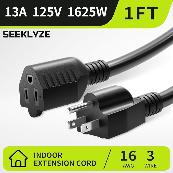 Short Extension Cord 1FT 2 Pack, 16 AWG Black Power Cord Indoor - Image 2