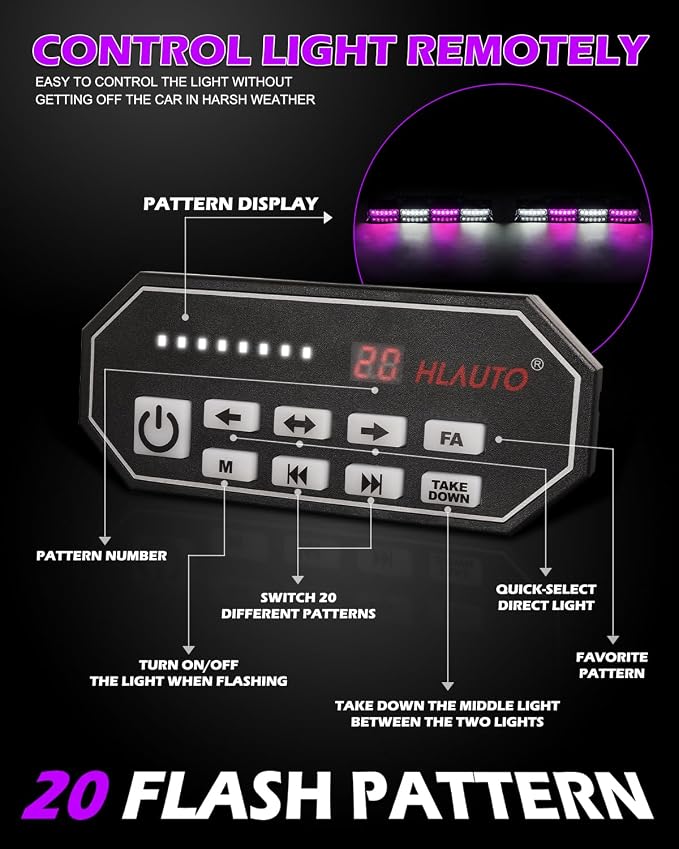 HLauto 604N Emergency Dash Strobe Lights: 2x16.8 inch Purple White Security - Image 5