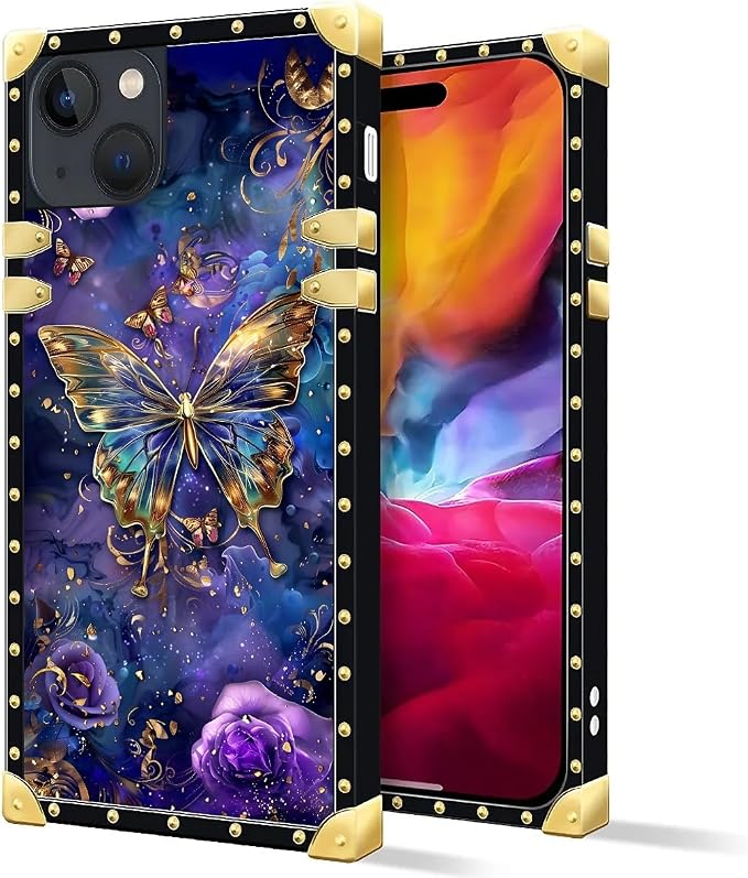 Compatible with iPhone 15 Case, Glistening Golden Butterfly Vibrant Purple Blue - Image 2
