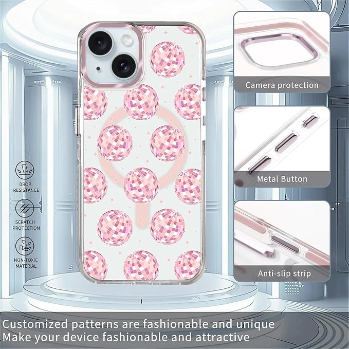 Case for iPhone 13/14, Disco Balls Pink Phone Case Design，for Women Girls - Image 2