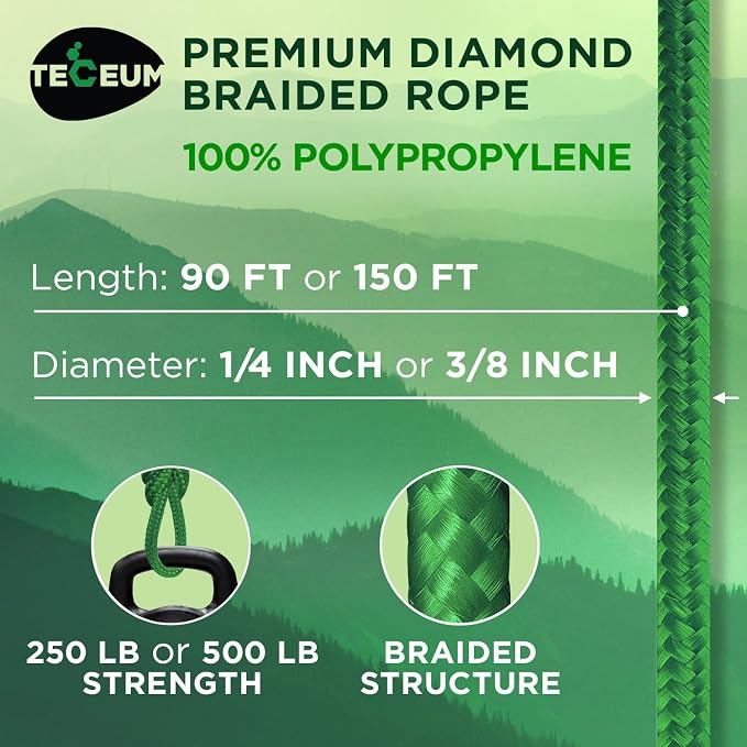 TECEUM Rope – 90 Feet x 3/8 Inch – Green – Strong All-Purpose Utility Rope – - Image 2