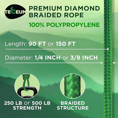 TECEUM Rope – 90 Feet x 1/4 Inch – Green – Strong All-Purpose Utility Rope – - Image 2