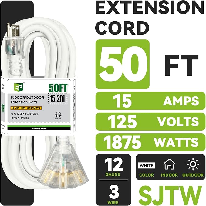 EP 50FT 12 Gauge Heavy Duty Extension Cord, 15A 125V 1875W, 3 Outlet - Image 2