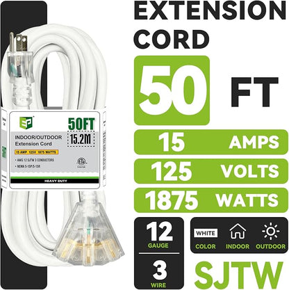 EP 50FT 12 Gauge Heavy Duty Extension Cord, 15A 125V 1875W, 3 Outlet - Image 2