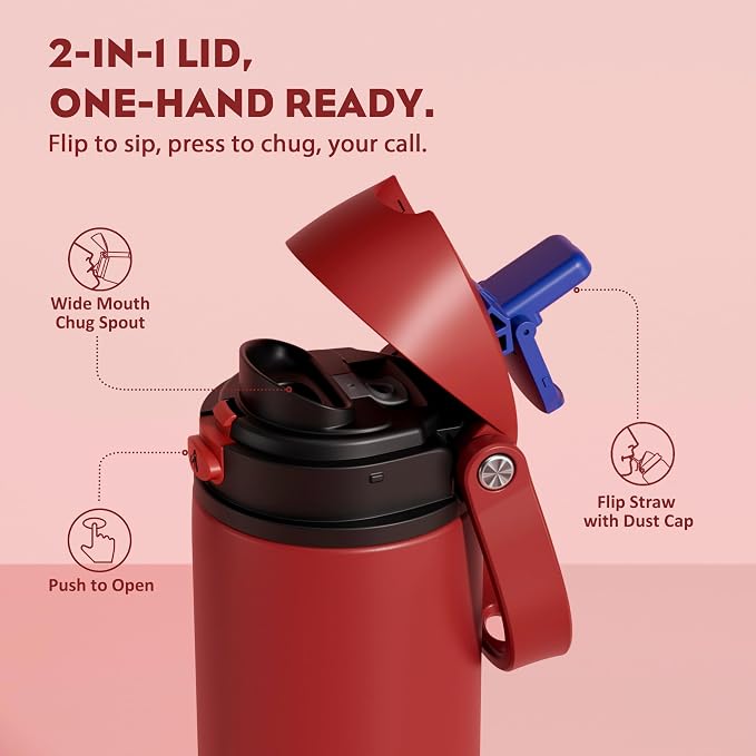 POWCAN 18 oz Steel Water Bottle: 2-in-1 Push-Button Spout & Flip Straw - Image 2