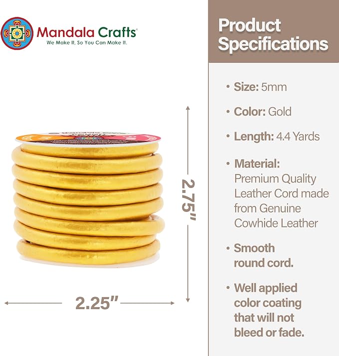 Mandala Crafts Round Genuine Gold Leather Cord - Image 4