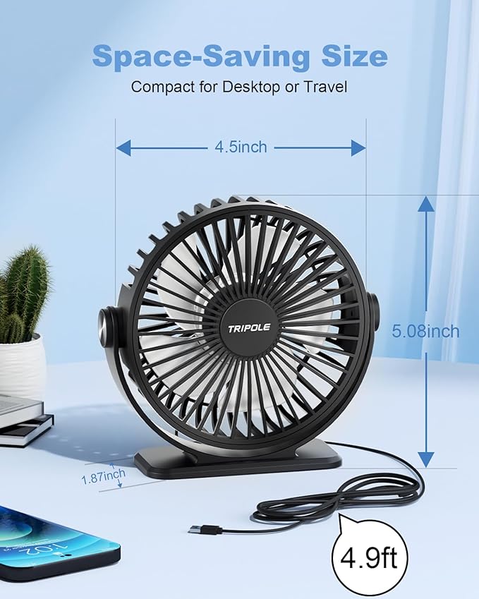 TriPole Desk Fan 2 Pack Black USB Powered Small Portable Fan, 3 Speeds - Image 2