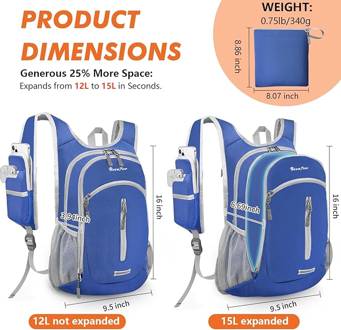 Seektop Small Hiking Backpack Expandable 12L-15L, Lightweight Packable - Image 2