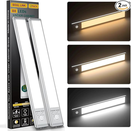 12" Under Cabinet Lights, 88 LED Operated Motion Sensor Light Indoor, 2200mAh by SOUL+LINK