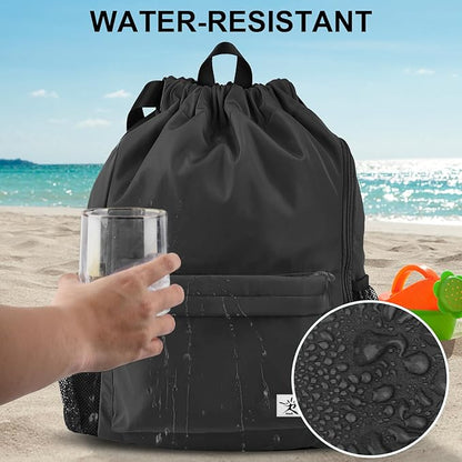Drawstring Backpack with Mesh Pockets String Gym Bag Sackpack Sandproof Water - Image 3