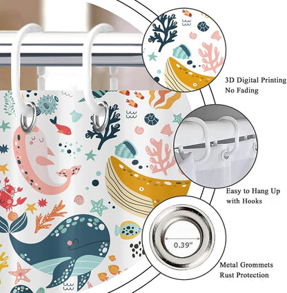 Kids Whale Shower Curtain, Funny Cute Ocean Fish Cartoon Sealife Under Sea - Image 6