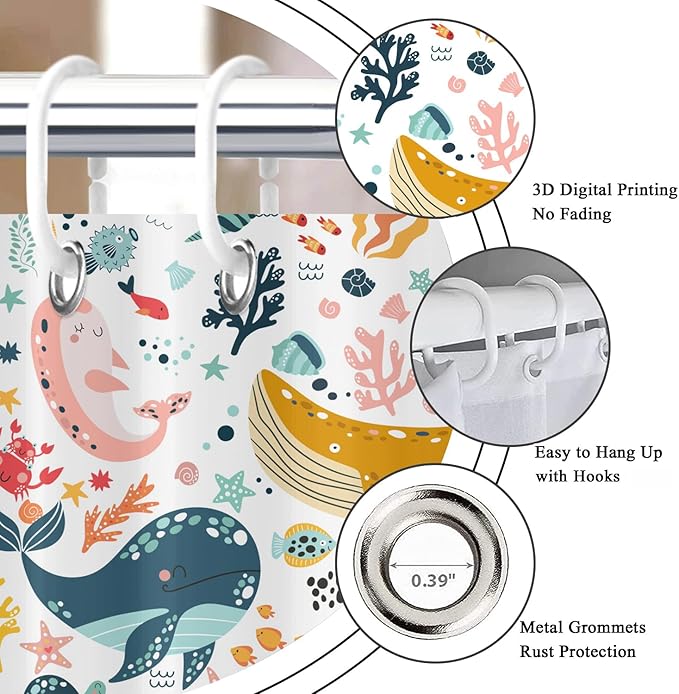 Kids Whale Shower Curtain, Funny Cute Ocean Fish Cartoon Sealife Under Sea - Image 6