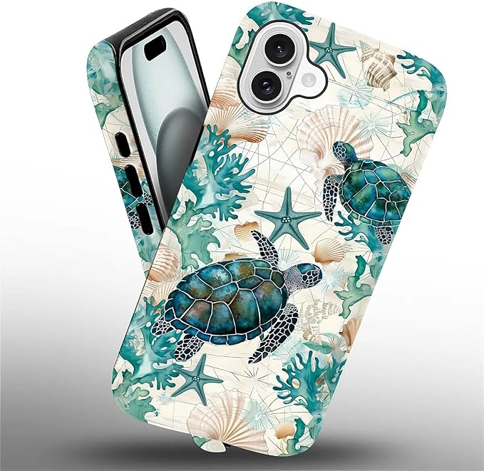 for iPhone 16 Case, HH2 Ocean Sea Turtle Nautical Map Hybrid 2 Layer Hard Shell - Image 2