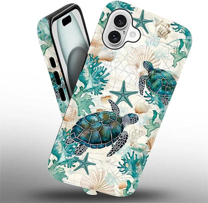 for iPhone 16 Case, HH2 Ocean Sea Turtle Nautical Map Hybrid 2 Layer Hard Shell - Image 2
