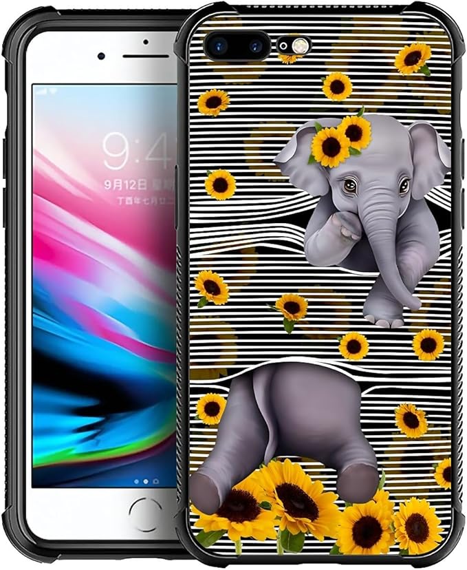 Case for iPhone 7 Plus/8 Plus, Cute Little Elephant Sunflower White Line Art by FKBRCL4U