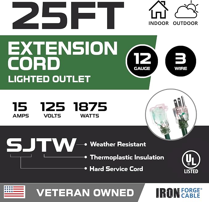 IRON FORGE CABLE 12 Gauge Extension Cord 25 Ft Lighted End - Image 2