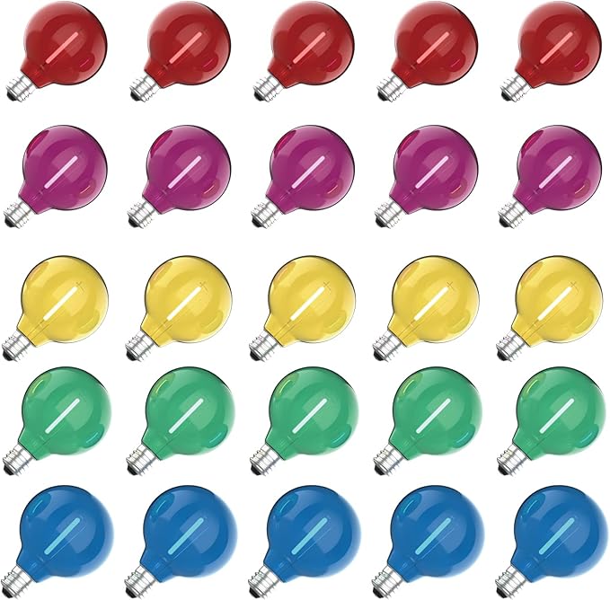 Meconard 25 Pack G40 Colored LED String Light Bulbs, E12/C7 Candelabra Base by Meconard
