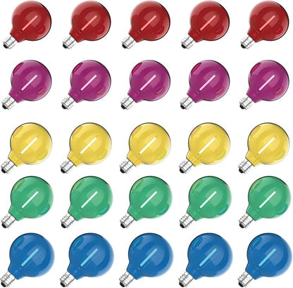 Meconard 25 Pack G40 Colored LED String Light Bulbs, E12/C7 Candelabra Base by Meconard