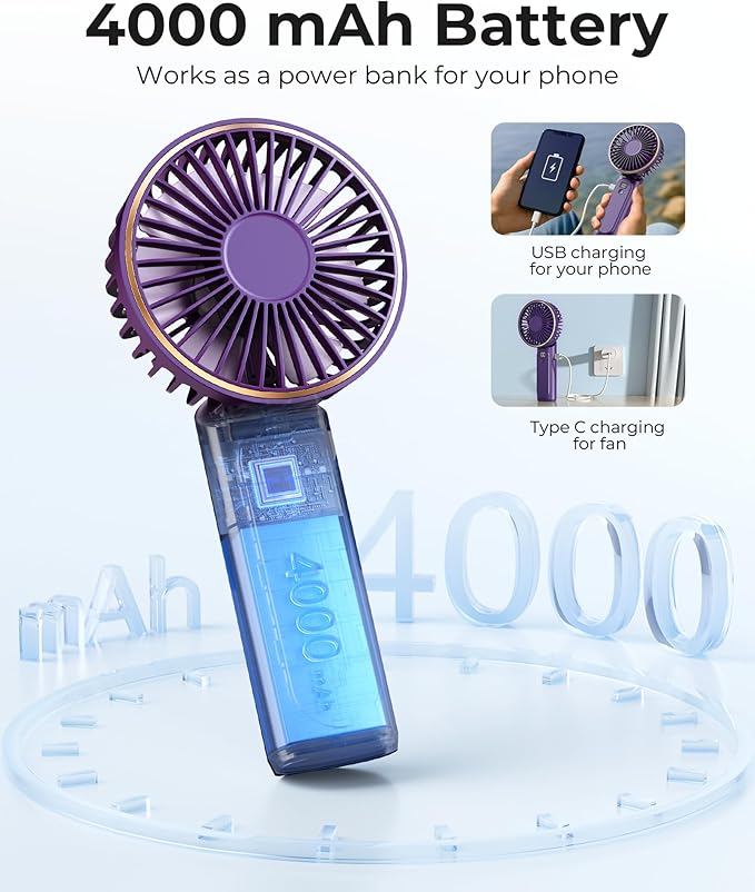 TUNISE Portable Handheld Fan, 180 Adjustable, 6 Speed Wind, USB Rechargeable - Image 4
