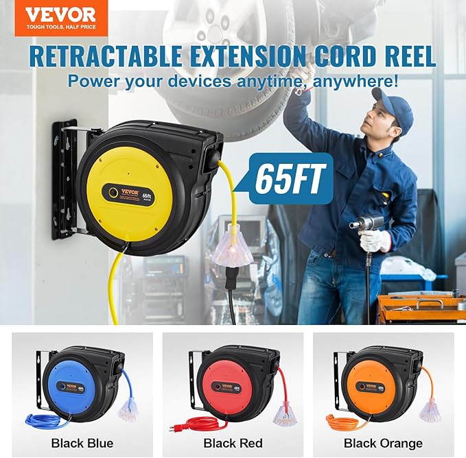 VEVOR Retractable Extension Cord Reel, 65 FT, Heavy Duty 12AWG/3C SJTOW - Image 2