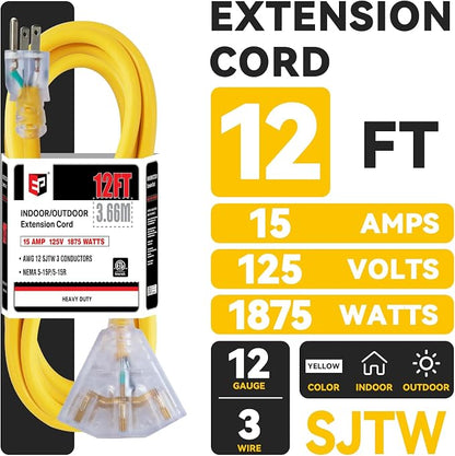 EP 12 Ft 12 Gauge Heavy Duty Extension Cord, 15A 125V 1875W, 3 Outlet - Image 2