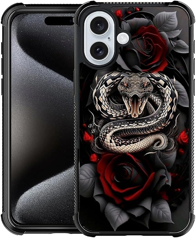 for iPhone 16 Case, Entwined Rose Snake Pattern Graphic Design Girl Boy Soft by FKBRCL4U