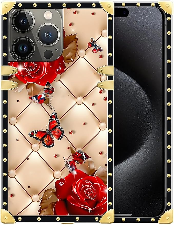 Compatible with iPhone 16 Pro Case, Shining Red Rose Butterfly Leather by Unknown
