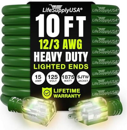 10ft Outdoor/Indoor Extension Cord 12/3 Gauge Extra Heavy Duty 3 Prong SJTW by LifeSupplyUSA