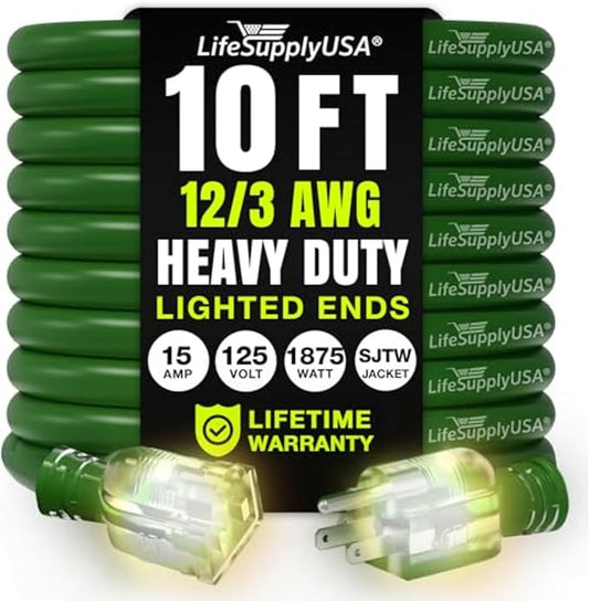 10ft Outdoor/Indoor Extension Cord 12/3 Gauge Extra Heavy Duty 3 Prong SJTW by LifeSupplyUSA