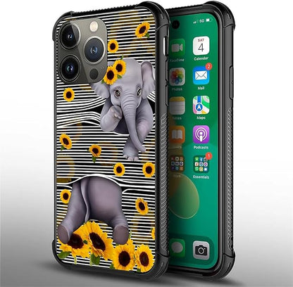 for iPhone 14 Pro Max Case, Cute Little Elephant Sunflower White Line Art - Image 4