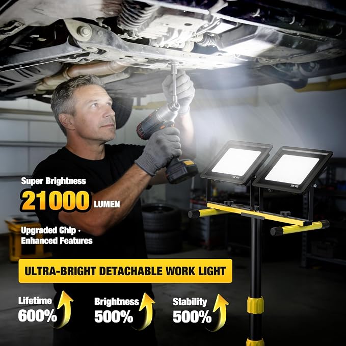 Upgraded LED Work Lights with Stand, 2-Head Adjustable Work Light, Waterproof - Image 2