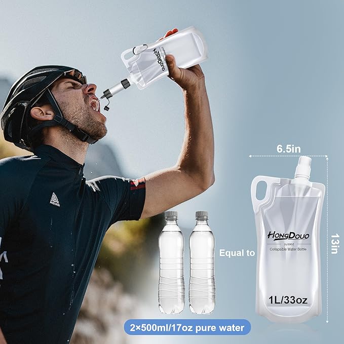 2 Pack Collapsible Water Bottles, 1L Hiking Water Flasks - 33oz BPA-Free - Image 3
