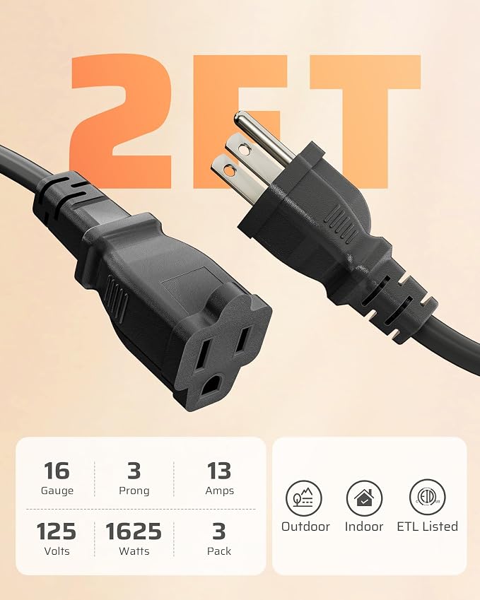 DEWENWILS 3-Pack 2FT Heavy Duty Extension Cord, 16 AWG SJTW Weatherproof Power - Image 7
