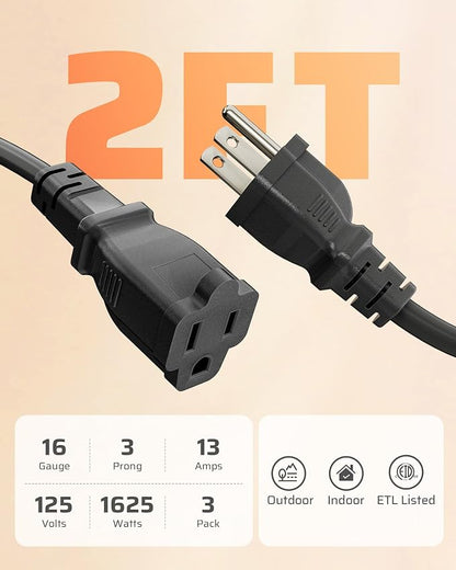 DEWENWILS 3-Pack 2FT Heavy Duty Extension Cord, 16 AWG SJTW Weatherproof Power - Image 7