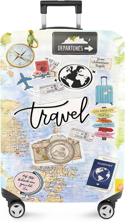 ANNA QUEEN Travel Collage Luggage Cover, World Map & Sticker Style Suitcase by ANNAQUEEN